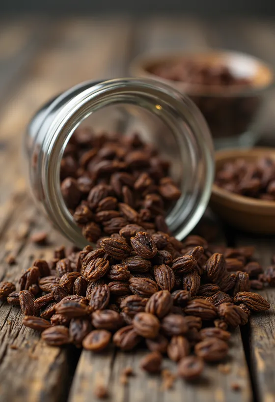 Roasted rye grains on a cutting board, natural lighting