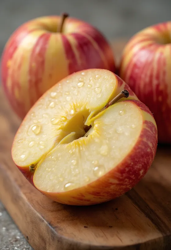 Fresh Gala apples and slices on a cutting board
