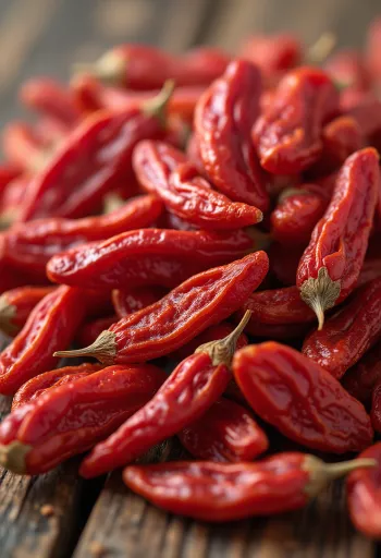 Goji berries in a small glass jar, rich red color, surrounded by dried goji berries