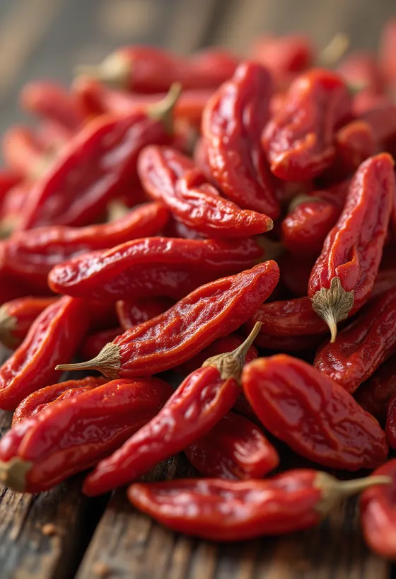 Goji berries in a small glass jar, rich red color, surrounded by dried goji berries
