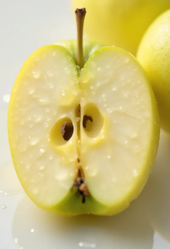 Fresh Golden Delicious apples and slices on a cutting board