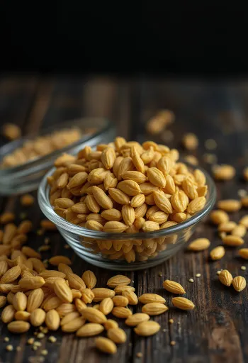 Dried fenugreek seeds on a wooden kitchen counter.