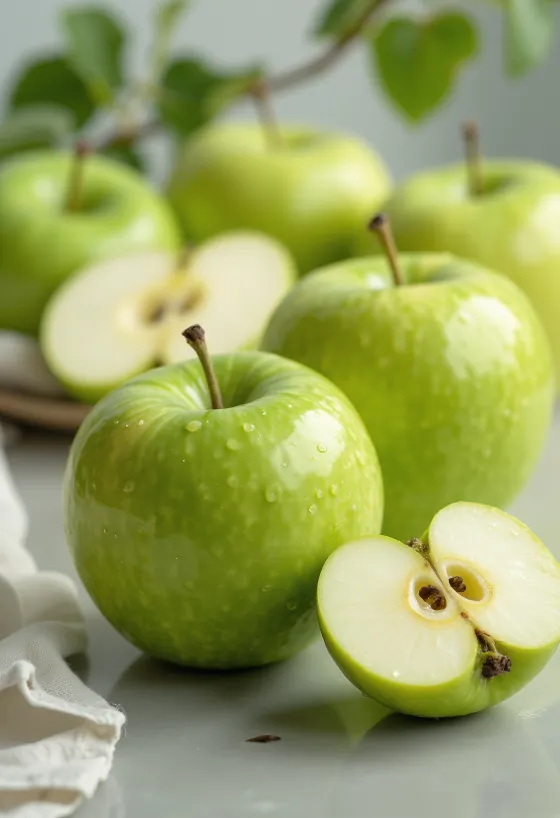 Fresh Granny Smith apples and slices on a cutting board