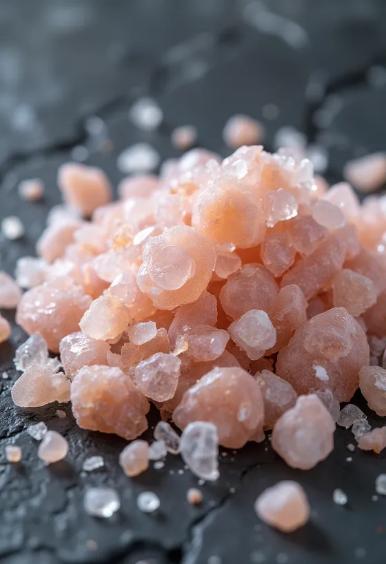 Himalayan salt in crystal form in a small jar, surrounded by salt crystals