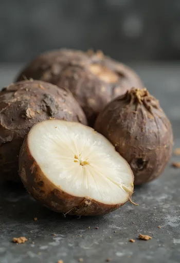 Sliced yam root on a cutting board surrounded by fresh root vegetables