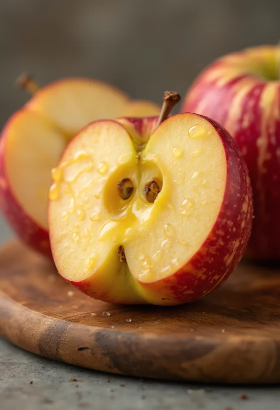 Fresh Jonagold apples and slices on a cutting board