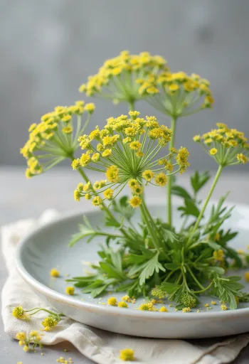 Fresh dill flower (umbel) on a clean plate