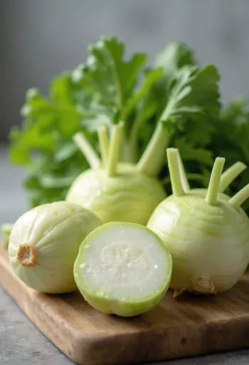Fresh kohlrabi slices on a cutting board, with green leaves in the background
