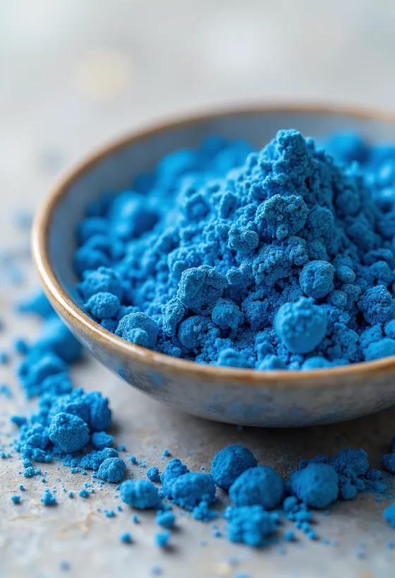 Blue spirulina powder in a small glass jar, vibrant blue color, surrounded by spirulina algae
