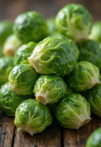 Fresh Brussels sprouts in a small bowl, surrounded by leaves, emphasizing natural freshness
