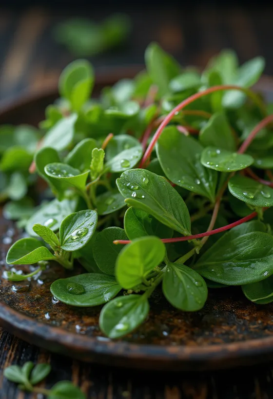 Common purslane plant with green leaves and yellow flowers