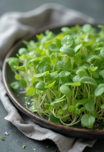 Fresh garden cress leaves on a wooden kitchen counter with water droplets.