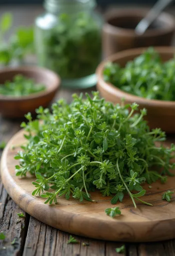Fresh caraway thyme leaves on a clean plate