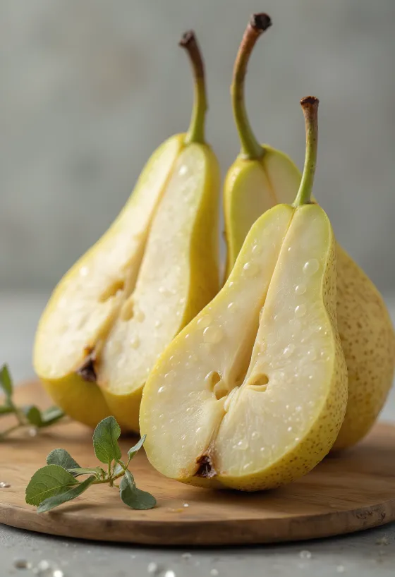 Fresh Conference pear and slices on a cutting board