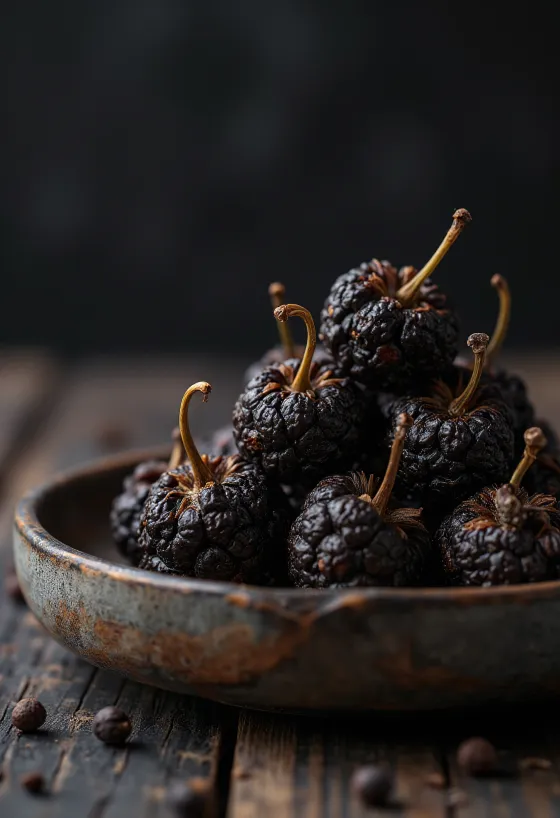 Cubeb pepper (Piper cubeba) berries on a wooden kitchen counter.