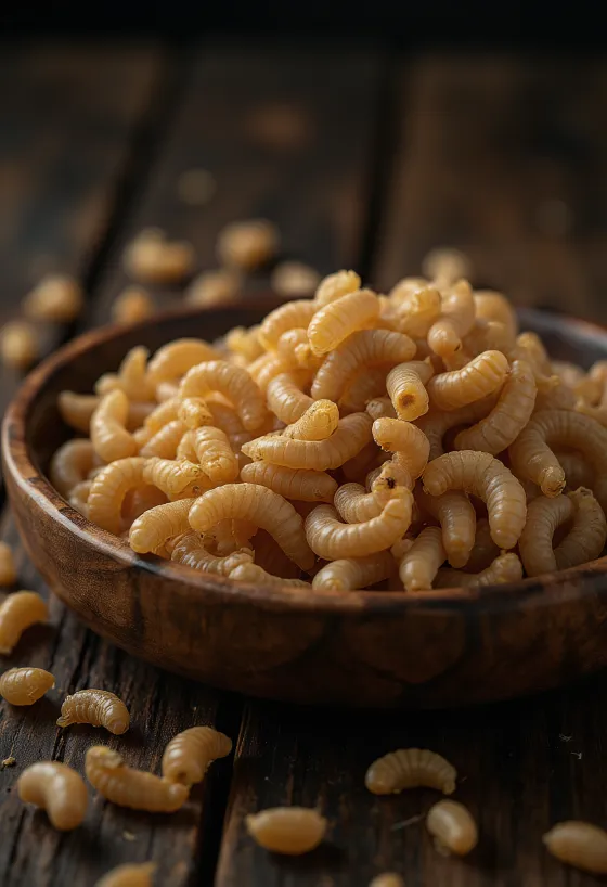 Fresh prepared mealworms, finely presented on a plate