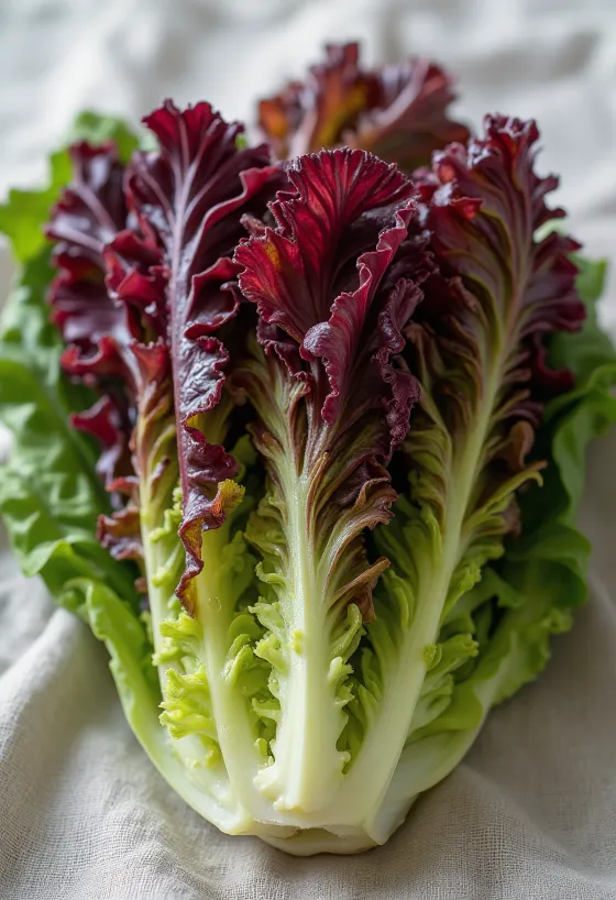 Fresh Lollo Rosso lettuce with red and green leaves on a cutting board