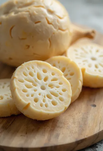 Sliced lotus root on a cutting board, surrounded by fresh vegetables