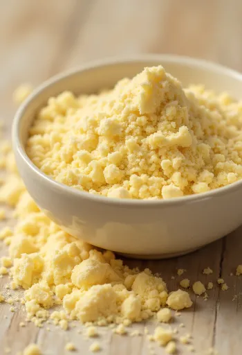 Lucuma powder in a small glass jar, rich yellow color, surrounded by fresh lucuma fruits