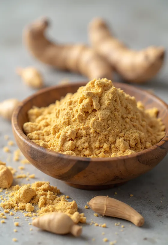 Maca powder in a small glass jar, earthy brown color, surrounded by fresh maca roots