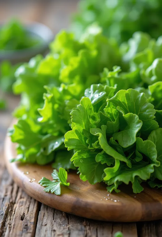 Fresh lamb's lettuce (mâche) with green leaves on a cutting board