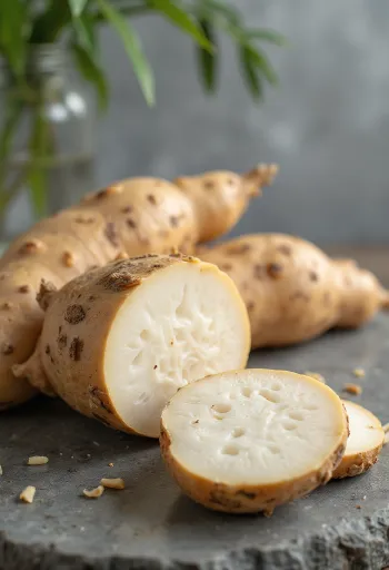 Sliced cassava (yuca) roots on a cutting board, surrounded by fresh vegetables