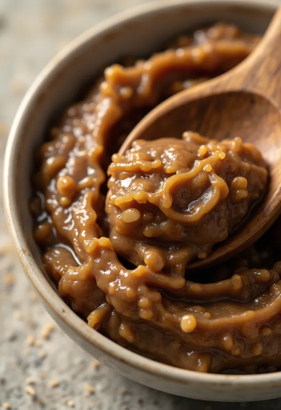 Miso paste in a small jar, rich brown color, surrounded by soybeans, dried seaweed, and rice