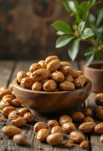 Mongongo nuts on a wooden kitchen counter.