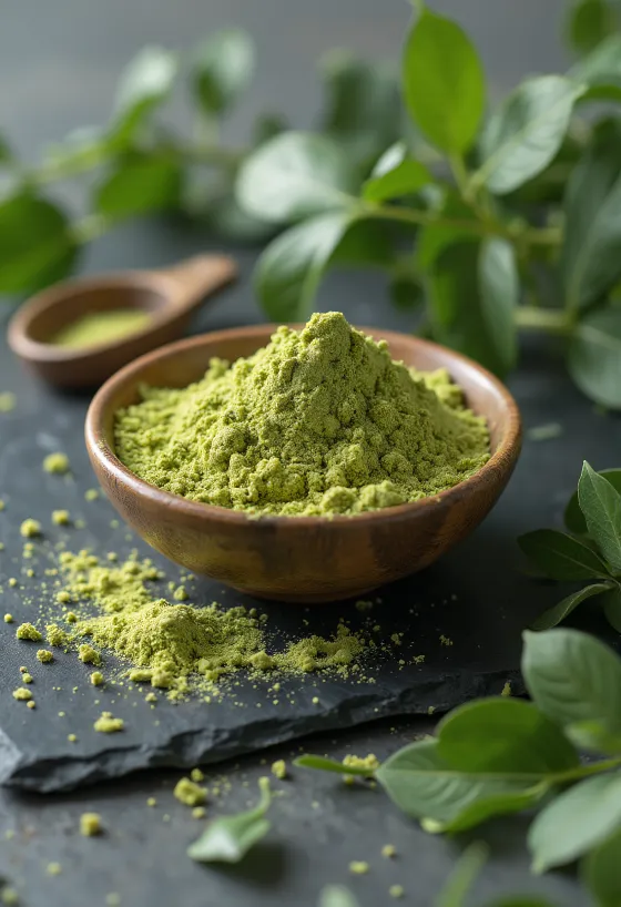 Moringa powder in a small jar, rich green color, surrounded by fresh moringa leaves