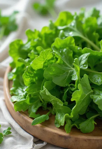 Fresh mustard green leaves on a wooden kitchen counter with water droplets.