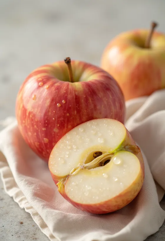 Fresh Mutsu apples and slices on a cutting board, in natural light