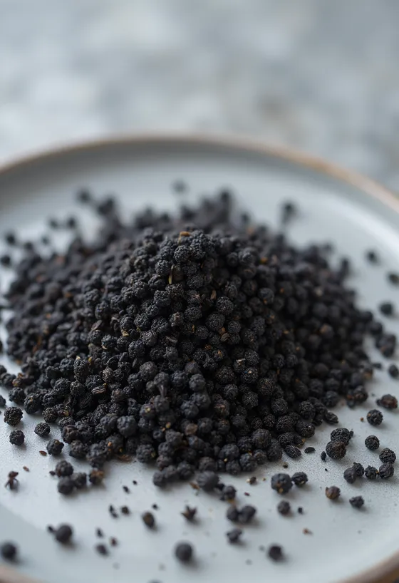 Dried nigella seeds (black cumin) on a wooden kitchen counter.