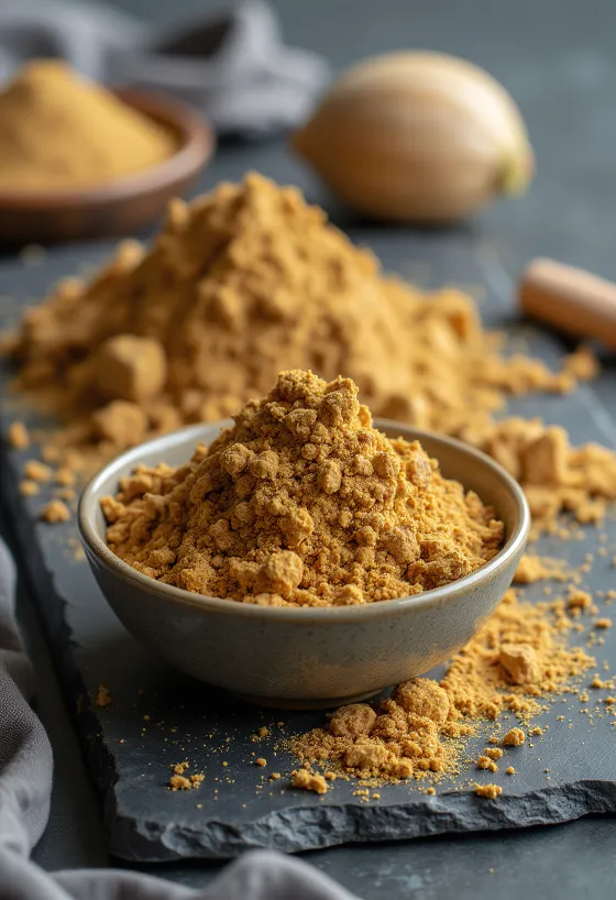 Noni fruit and noni powder in a small glass jar, surrounded by dried noni fruits