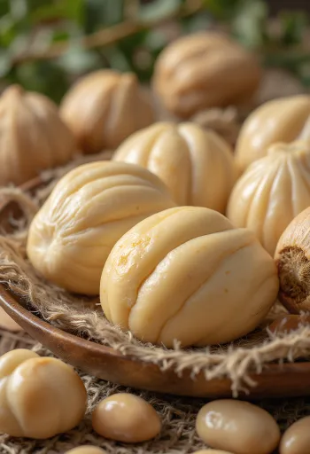 Pili nuts on a wooden kitchen counter.
