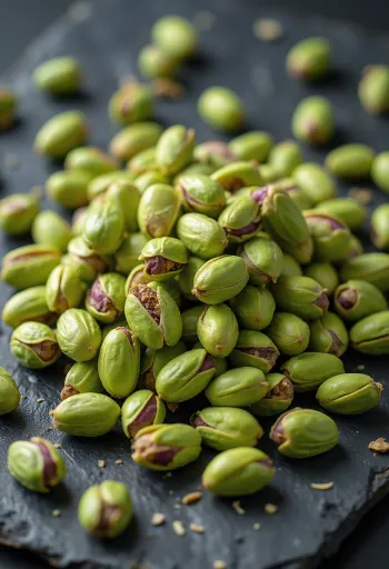 Pistachio kernels in shelled, unroasted form on a white plate