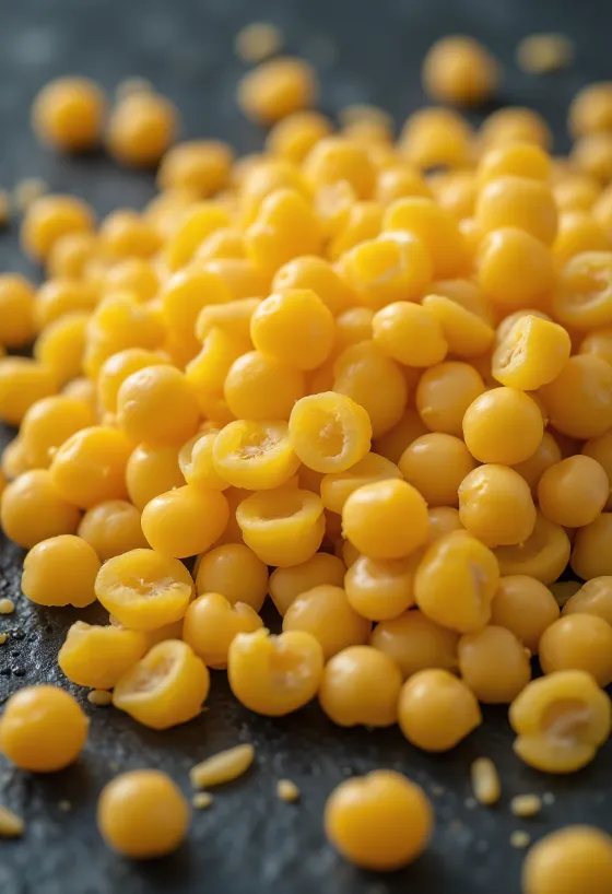 Yellow split peas on a cutting board, with vibrant yellow color