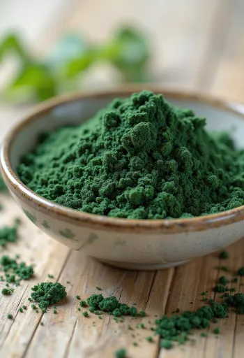 Spirulina powder in a small jar, rich green color, surrounded by spirulina tablets