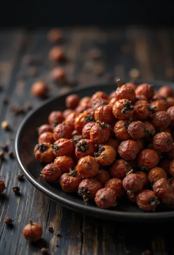 Sichuan peppercorn (Zanthoxylum) grains on a wooden kitchen counter.
