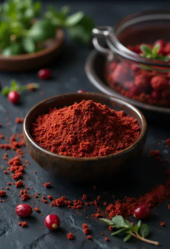Dried sumac berries on a wooden kitchen counter.