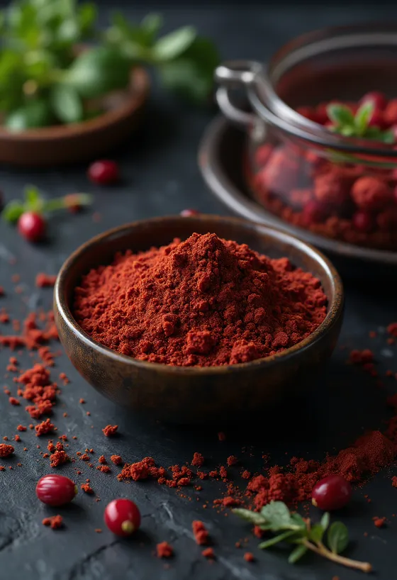 Dried sumac berries on a wooden kitchen counter.