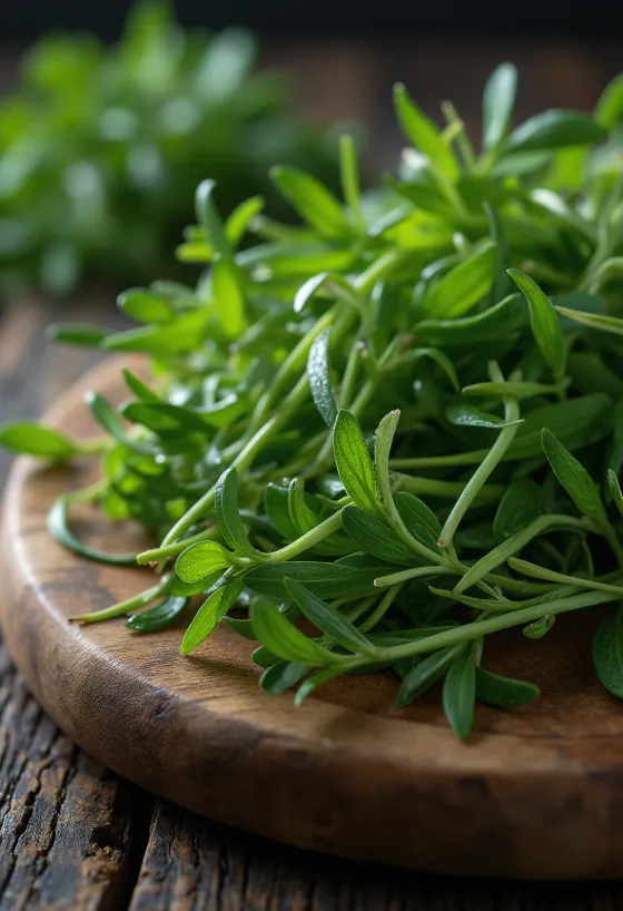 Fresh Russian tarragon leaves and stems on a wooden counter with water droplets.