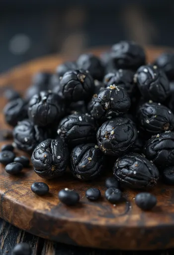 Dried tonka beans on a wooden kitchen counter.