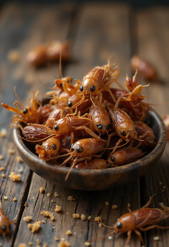 Fresh edible cricket meat finely prepared on a plate