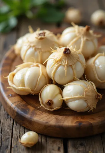 Sliced water chestnut on a cutting board, surrounded by fresh vegetables