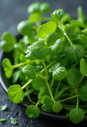 Fresh watercress leaves on a wooden kitchen counter with water droplets.