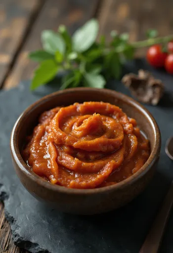 Red curry paste in a small jar, rich red color, surrounded by spices like dried red chili, garlic, and shallot