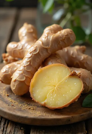 Sliced zerumbet ginger root on a wooden kitchen counter.