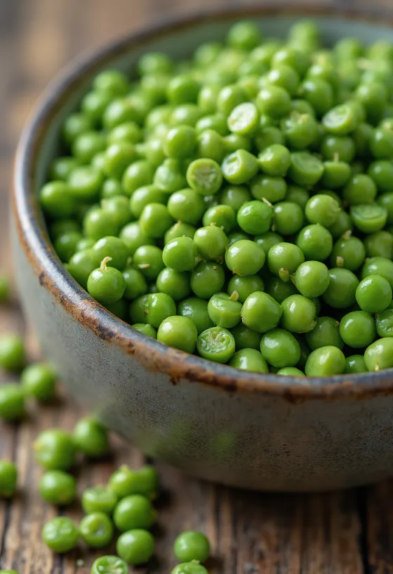 Green split peas on a cutting board, with vibrant green color