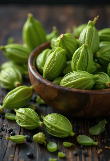 Dried green cardamom pods on a wooden kitchen counter.