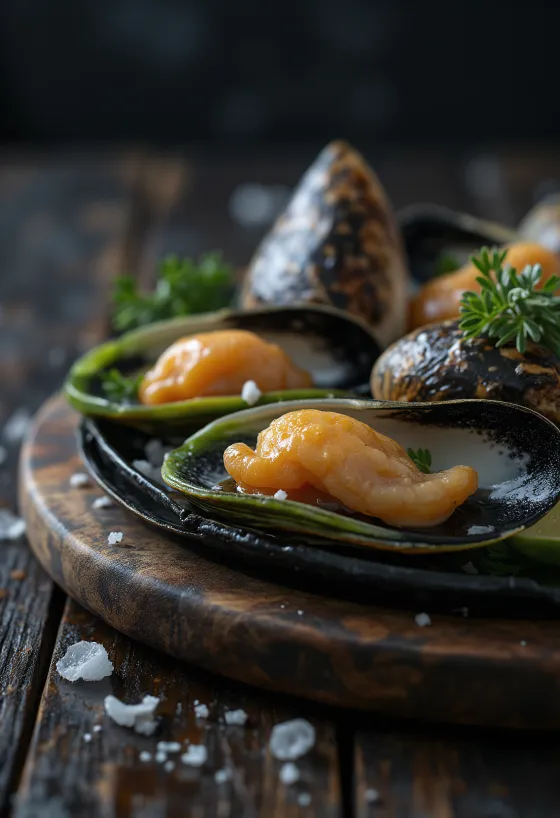 Green-lipped mussel meat on a cutting board
